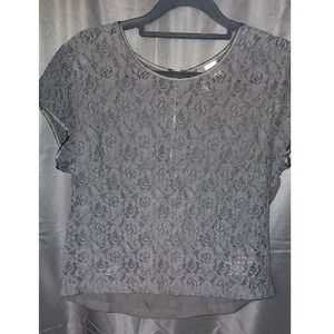 H M Black Lace Zip back Short Sleeve Top Womens Size 8